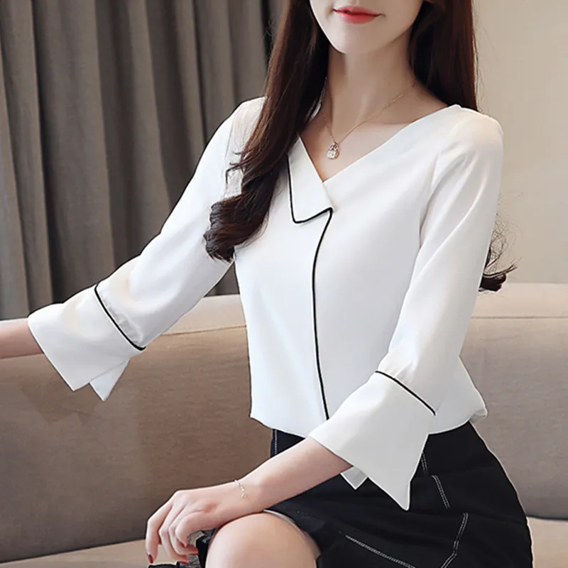 

Korean Women Blouse White Blouses for Women Flare Sleeve Blouses Woman Striped Shirt Blouse Woman V-Neck Shirt Tops Plus Size