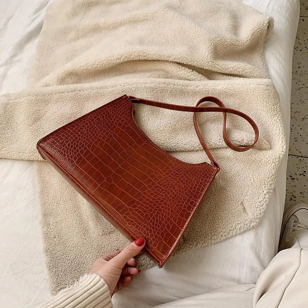 

Fashion Women Handbag Crocodile Leather Retro Shoulder Bag Solid Color Simple Elegant Ladies Totes