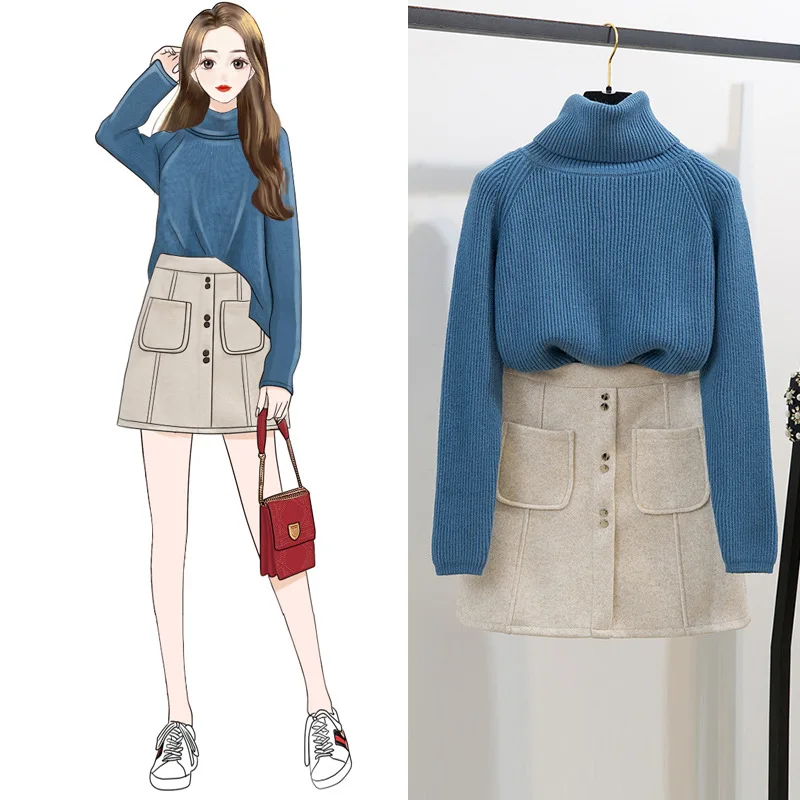 Модные женские юбочные костюмы свитер с высоким воротом Пуловер шерстяные юбки