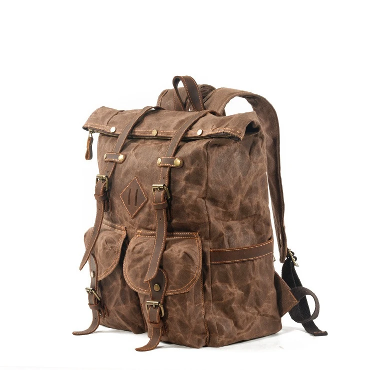 Canvas leather backpack men's multifunctional laptop bag a large number of waterproof belt stitching knapsack bookbag | Багаж и сумки