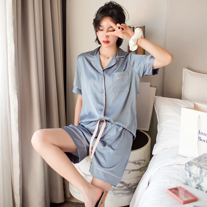

Network Red Ice Silk Satin Pajamas Casual Short Sleeve Shorts Imitated Female Summer Home Wear