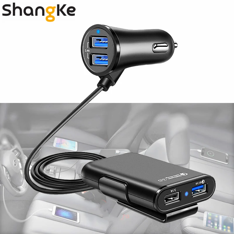 USB Автомобильное зарядное устройство 4 порта QC3.0+ 2.4A+ 3.1A USB Автомобильное зарядное устройство Универсальный USB Быстрый адаптер с 5.6ft удлинитель Кабель для автомобильного телефона