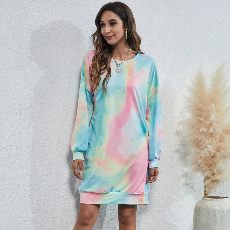

Round Neck Tie Dye Print Loose Casual High Quality Fried Street Sweater Dress