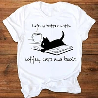 life is better with coffee cats and books t shirt cute cat mom gift tshirt funny summer graphic reading tee shirt top dropship