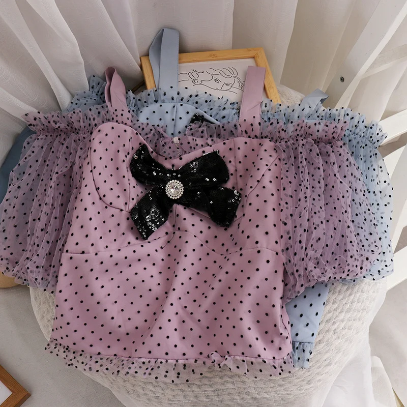 

ZAWAHIKI Short Sexy Tops Summer Polka Dot Bow Sweet Mesh Patchwork Blusas Mujer Puff Sleeve Summer Kawaii Blouses Women