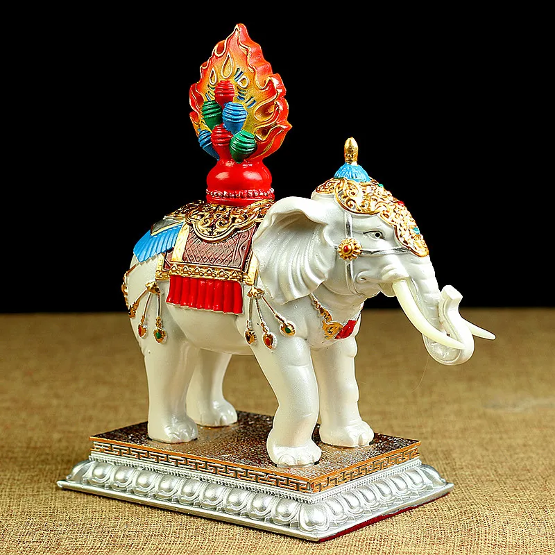 

17cm White Resin Auspicious Treasured Elephant Esoteric Buddhist Colored Painted Moni Beads Decorate Putting Crafts