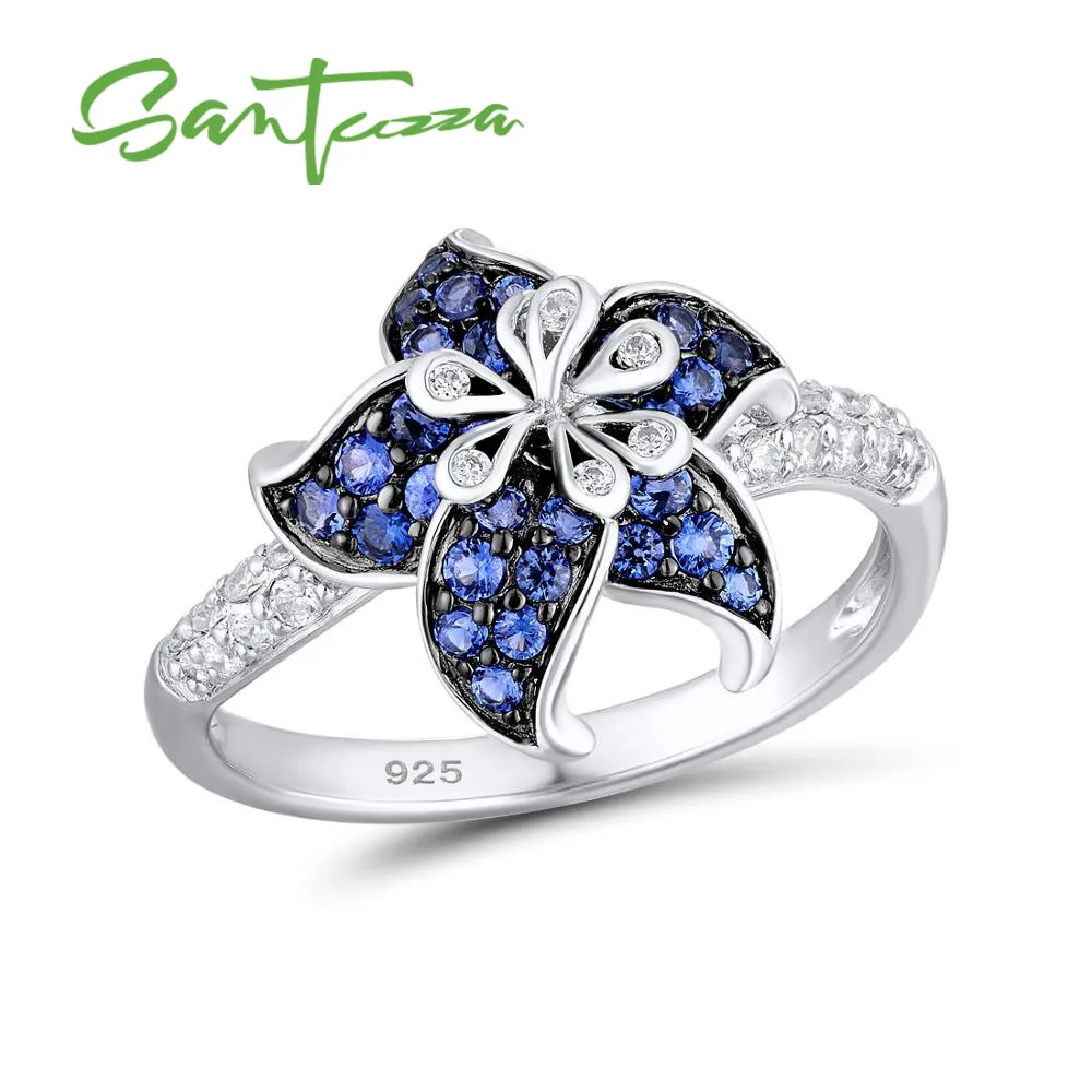 SANTUZZA Silver Ring For Women 925 Sterling Blooming Flower Blue Pink White Cubic Zirconia anillos Party Fine Jewelry | Украшения и