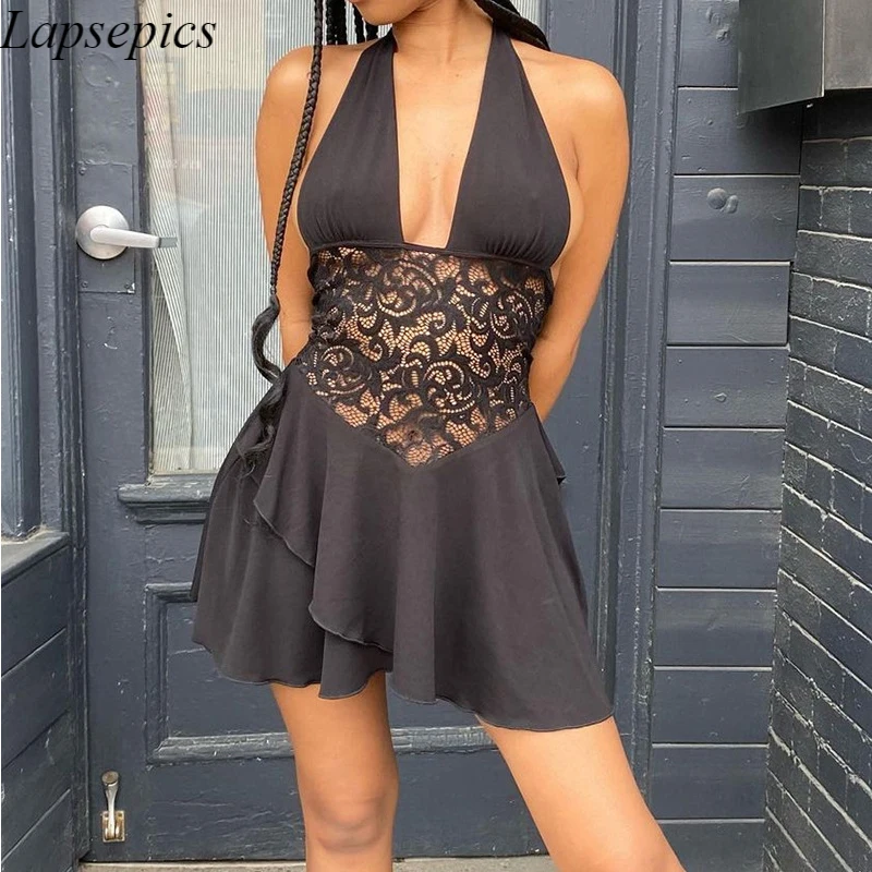 

Summer Women Black Lace Halter Dress Sexy Backless Beach Dresses Fashion Sleeveless Mini Sundress