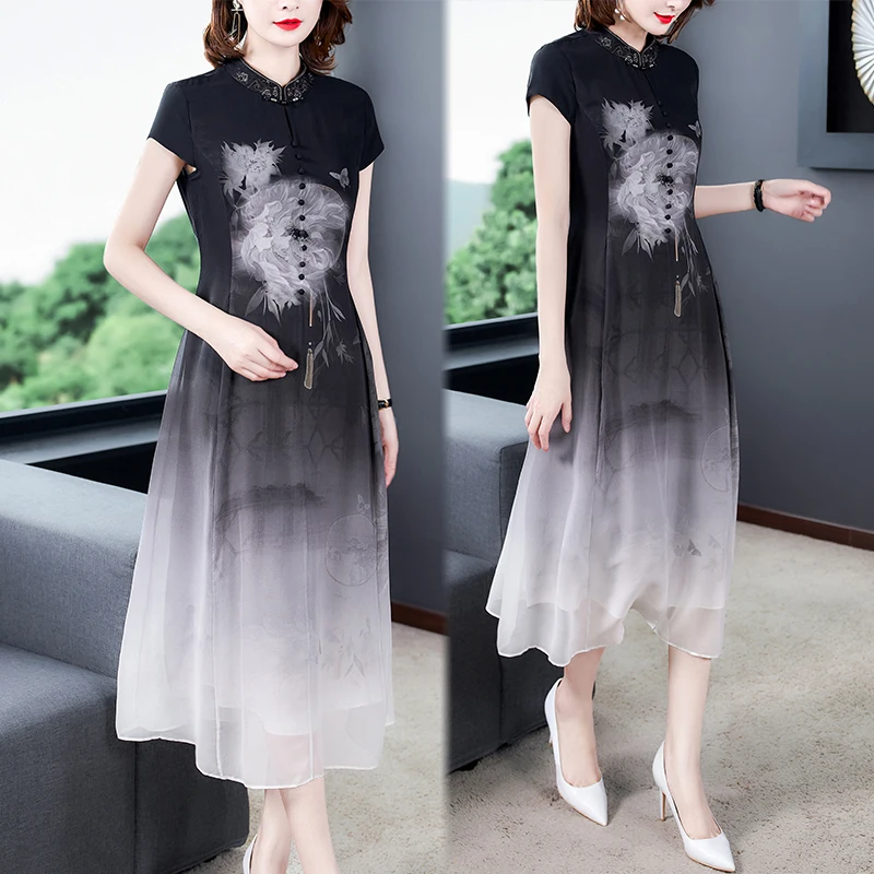 Женское платье в китайском стиле длинное летнее с коротким рукавом улучшенное