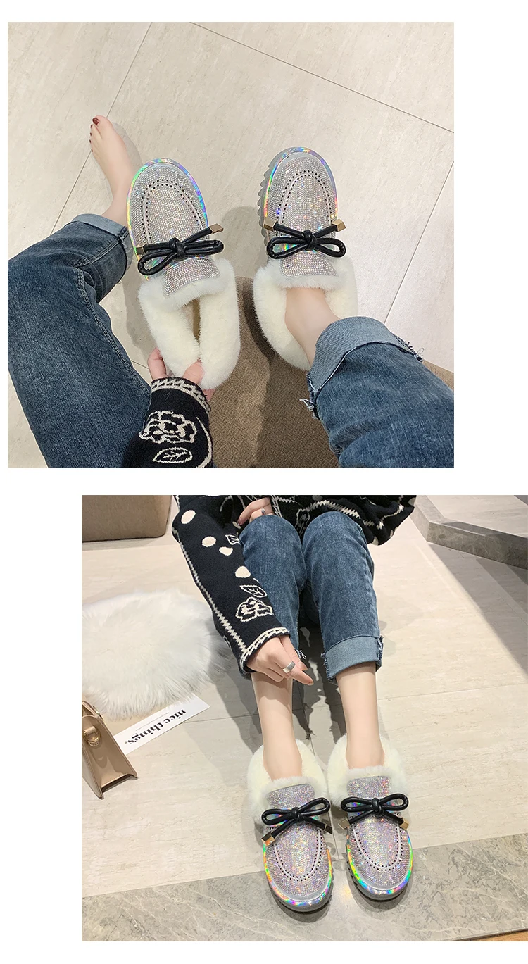 Shiny Glitter Snow Boots Women Fashion Warm Plush Ankle Boots Woman Non Slip Botas Mujer Butterfly-knot Decoration