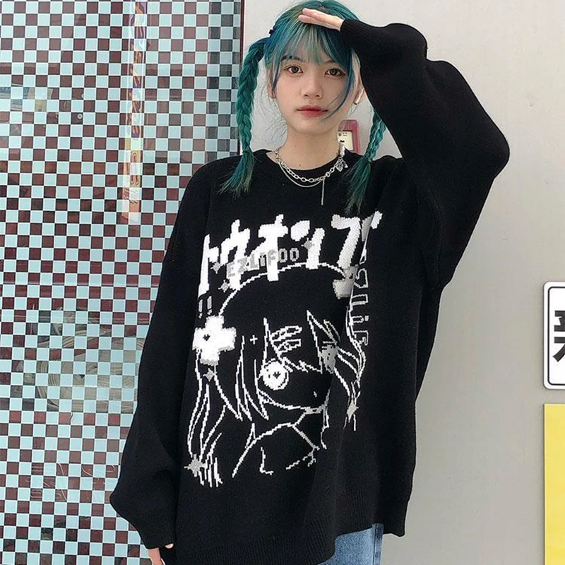 

New Punk Style Women Winter Sweaters Pink Tops Oversize Y2K Anime Kanji Aesthetic Sweater Japan Fashion Goth Streetwear Pullover