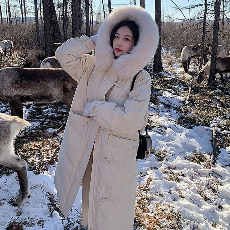 2021 new horn buckle winter jacket ladies warm and thick down pure cotton large fur collar long parka coat women loose jacket