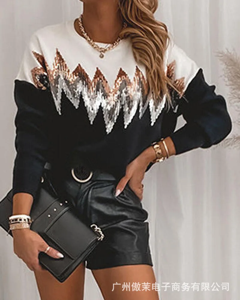 

Fashion Black White Splicing Sequin O Neck Sweater Top Women Autumn New Casual Elegant Long Sleeve Harajuku Pullover Woman Tops