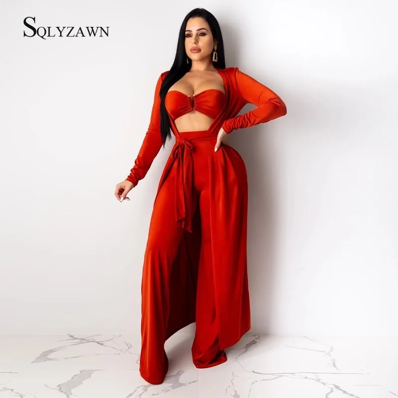

3 Piece Set Female Belt Long Cardigan + Bra Camis + Wide Leg Palazzo Pants Outfit Elegant Casual Fall Sexy Co Ords Suit Costume