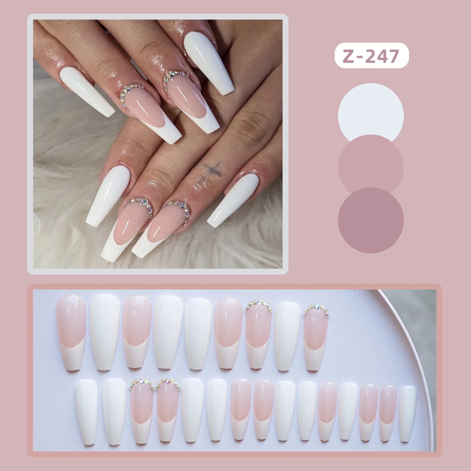 24 куска съемных супердлинных ложных ногтей в форме гробницы с красными стразами в виде креста балерины, носимые с клеем женщинами, полностью покрывающие ногтевую пластину.