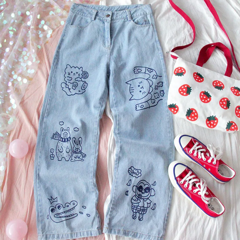 

XS-2XL New Cute Women Denim Loose Student Cute Animal Print cat Jeans Female Harajuku Kawaii Straight Leg Pants Mujer
