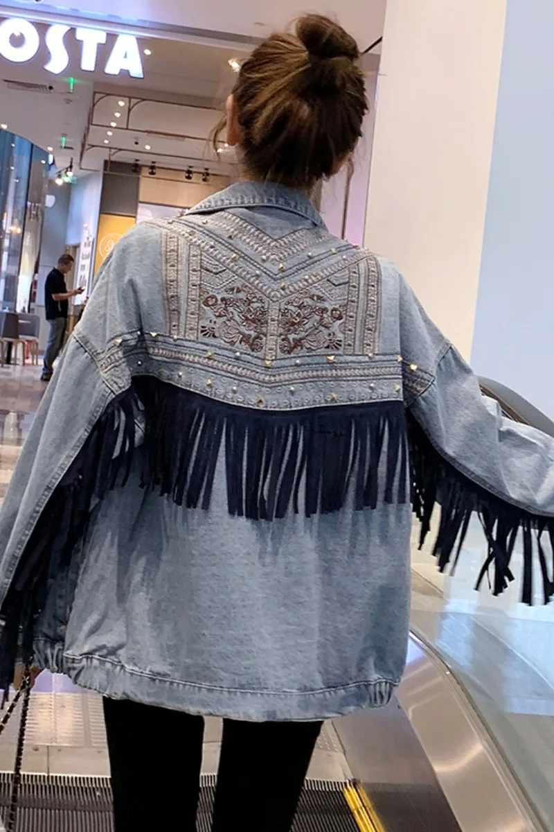 Джинсовая куртка с отделкой бисером и бахромой весна зима 2020 H0003|Женские куртки| |