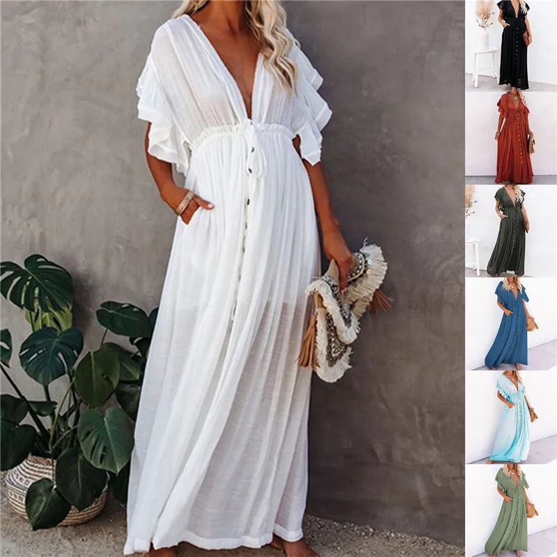 

Women Sexy Swimwear Cover-ups Long White Tunic Casual Summer Beach Dress Elegant Beach Wear Swim Suit Cover Up