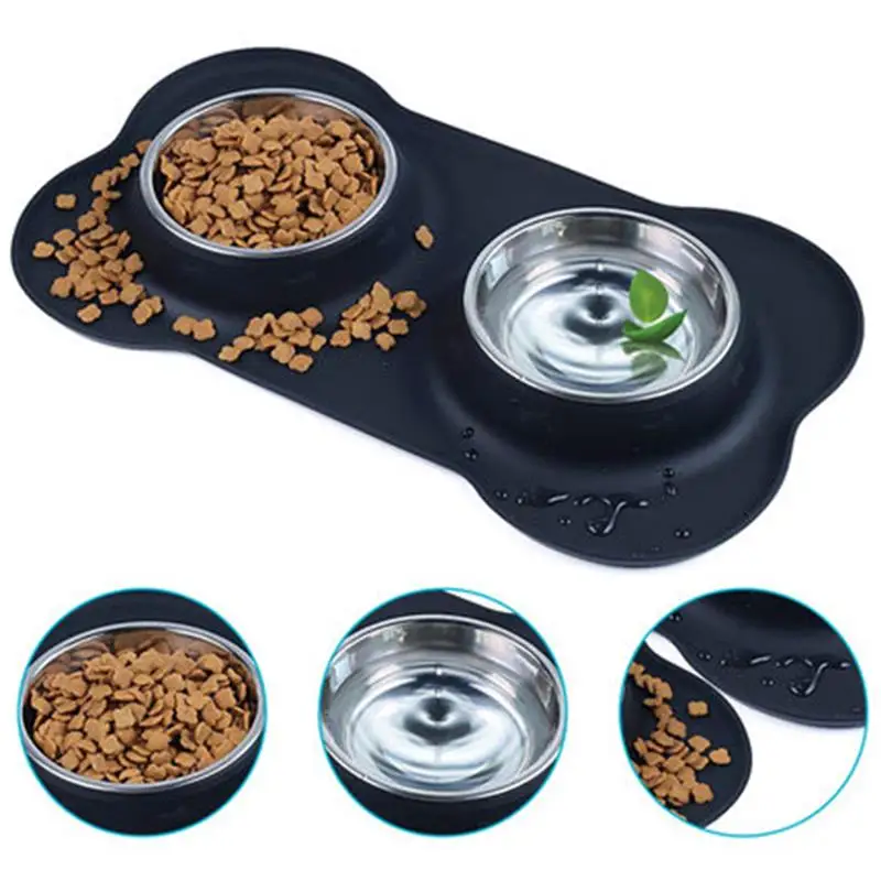 Stainless Steel Double Dog Bowl Travel Feeding Water Non-Skid Silicone Mat For Pet Cat Puppy Food Dish | Дом и сад