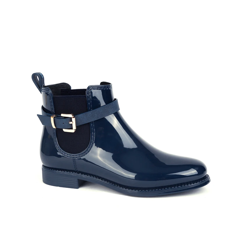 Navy-Glossy MaxMuxun/женские резиновые ботильоны; непромокаемые сапоги с Черной Бахромой; повседневные Зимние ботиночки; Женская водонепроницаемая обувь без застежки на массивном каблуке - Цвет: Navy-Glossy