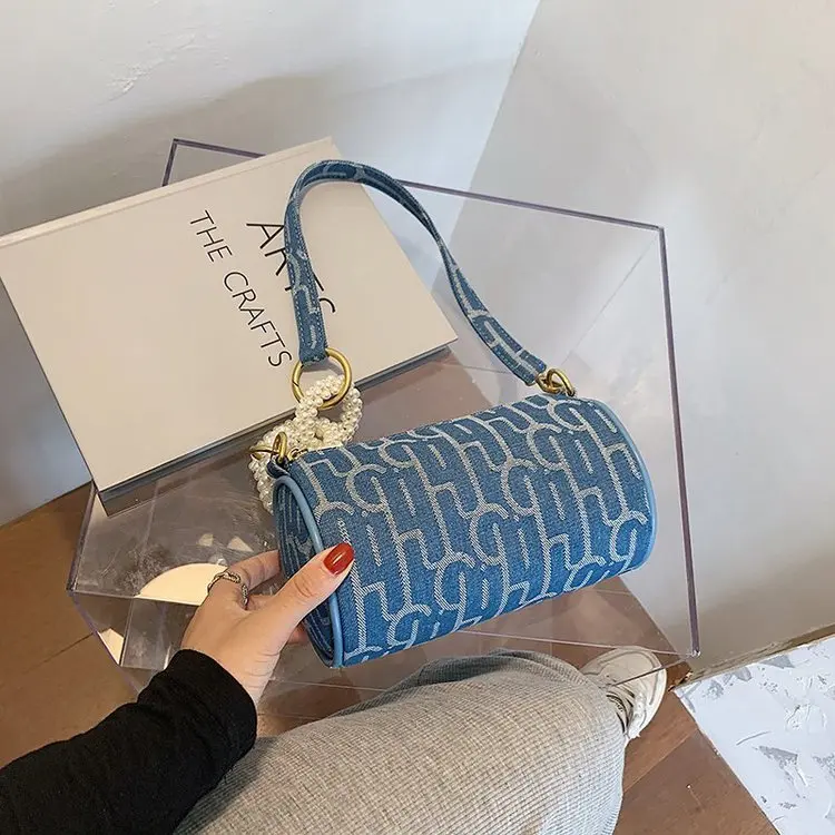 Женская джинсовая сумка на ремешке Пляжная хлопковая мини для подмышек с