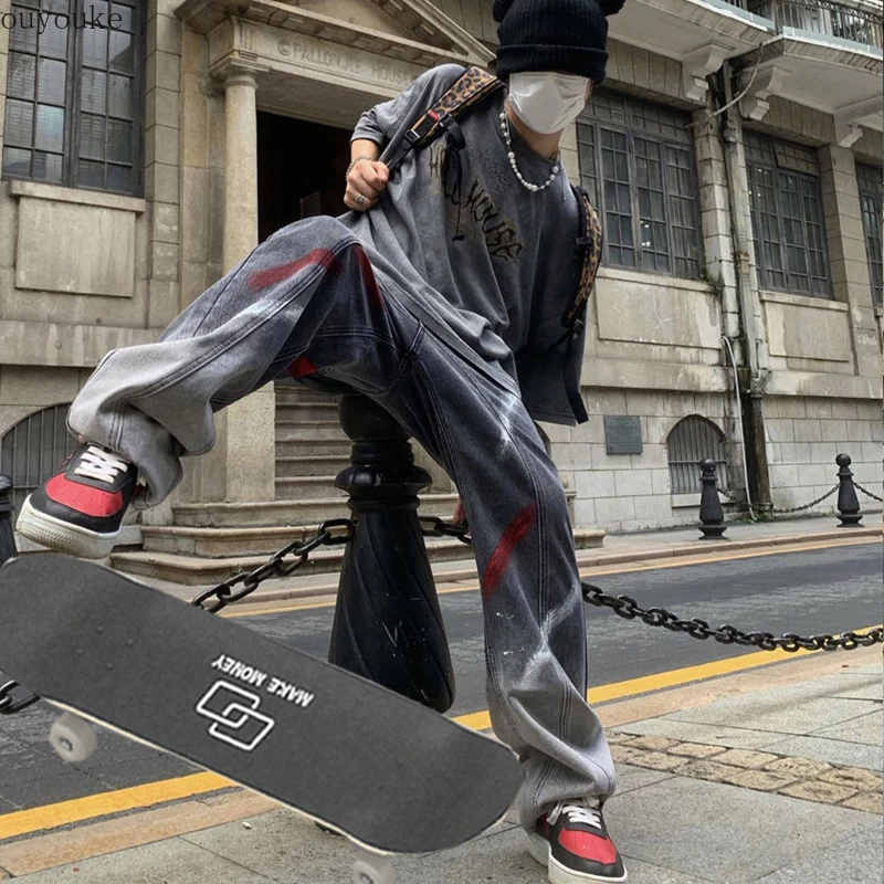 

Women's Vintage Jeans washed splash ink embroidered jeans Hip Hop Pants skateboard jeans Y2K jeans high waist pants gray jeans