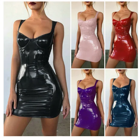 

Brand New Women Latex Faux Leather Bodycon Mini Dress 2020 Summer Sleeveless Strap Sexy Club Vestido