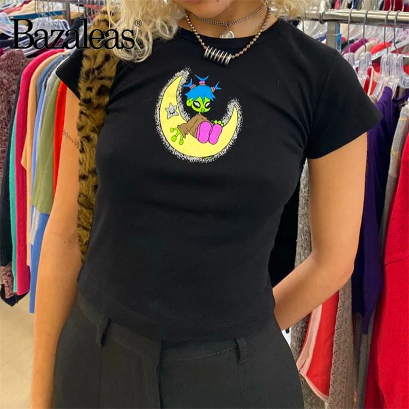 Женский укороченный топ Bazaleas готический черный в стиле Харадзюку с принтом Луны
