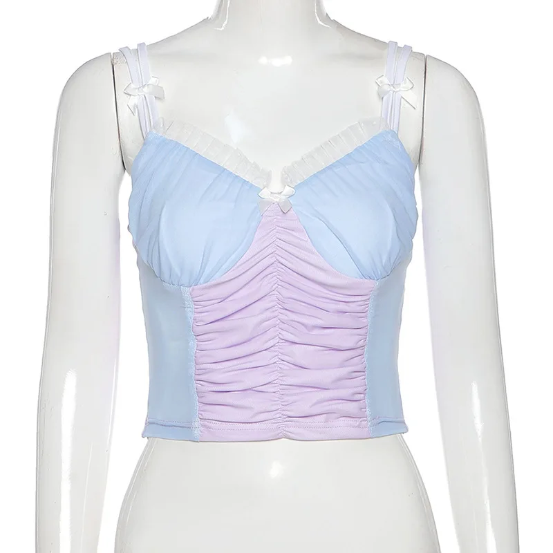 

European and American Summer Women's New Style Sling Mesh Stitching Fold Lace Trim Sexy Small Vest
