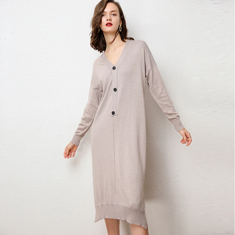 Женское кашемировое платье на пуговицах свободное однотонное приталенное с