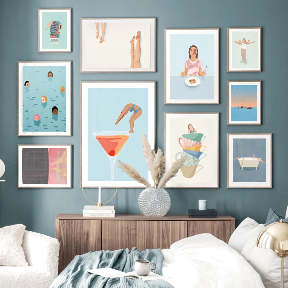 

Nordic Poster Pool Party Swim Diving Bathtub Coffee Girl Abstract Wall Art Print Canvas Decor Pictures For Living RoomPainting