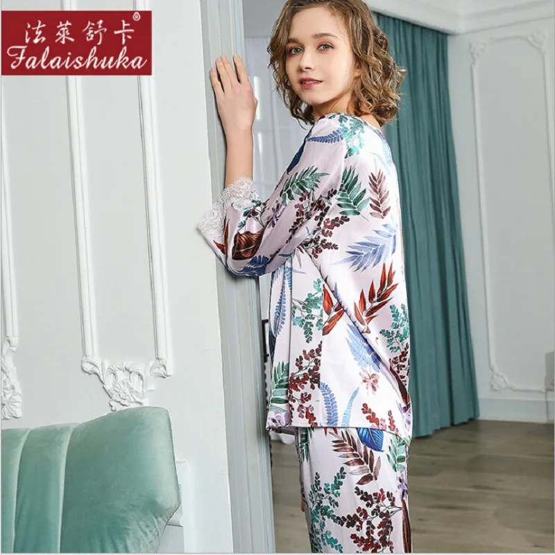 Woman Sexy Silk Pajamas Sets Stain Floral Lace Print Summer 2020 Lady Plus Size Fashion Pyjamas Set Sleeve Female 2piece sets