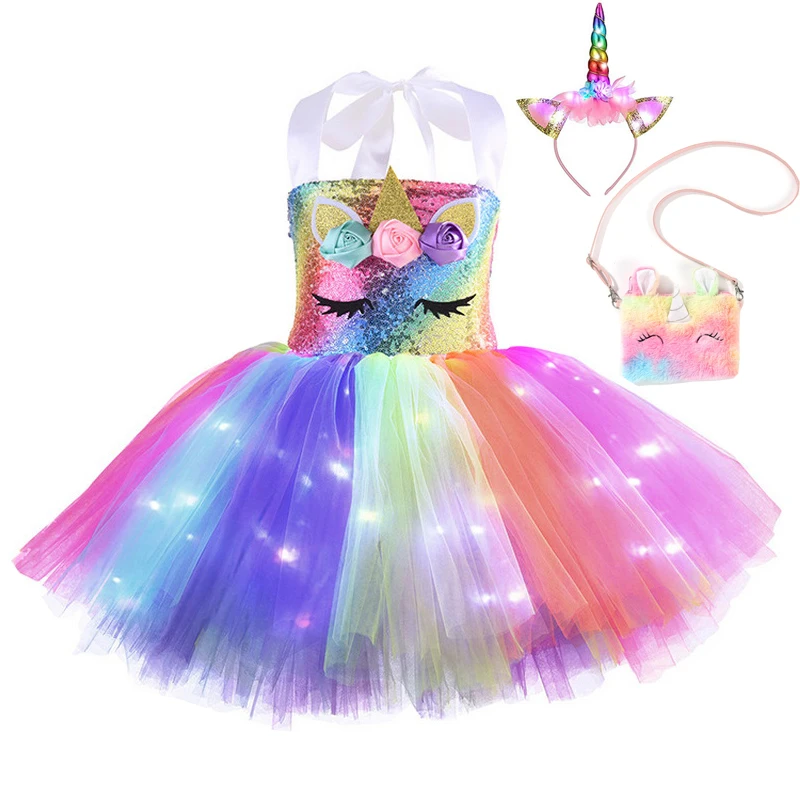 Детвечерние костюм единорога со светящимися блестками радужными светодиодными