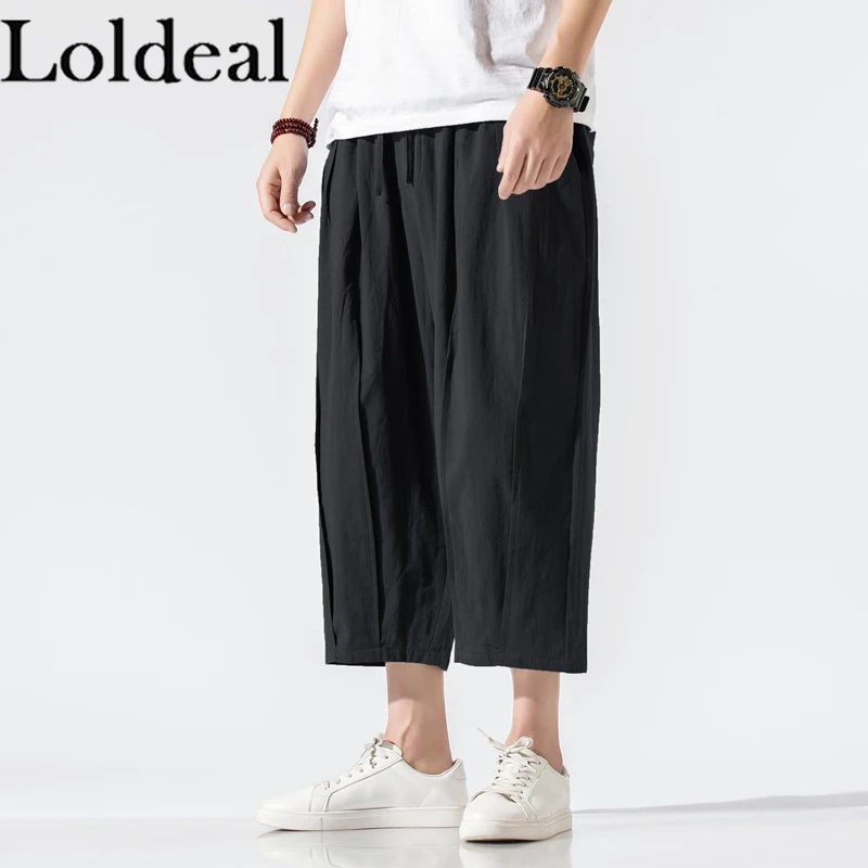 

Loldeal Men Cropped Pants Chinese Style Solid Color Linen Loose Straight Tube Casual Elastic Waist Chino