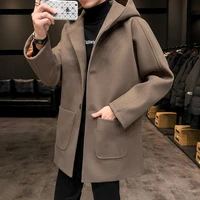 2019 autumn winter mens woolen overcoat hooded single breasted wool blends coat mens coats loose with pockets k0988