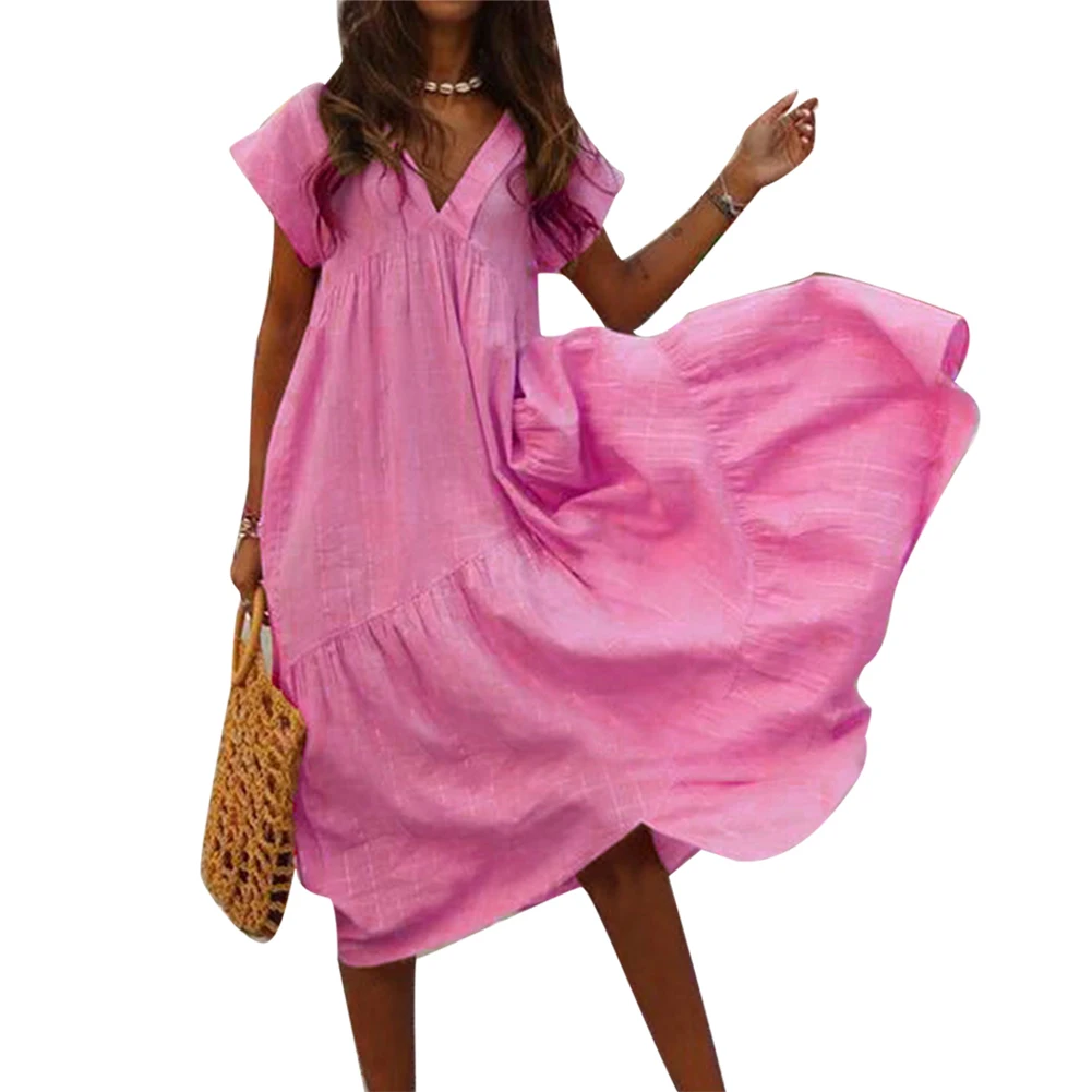 

New Solid Color Women V Neck Short Sleeve Casual Summer Loose Irregular Maxi Dress