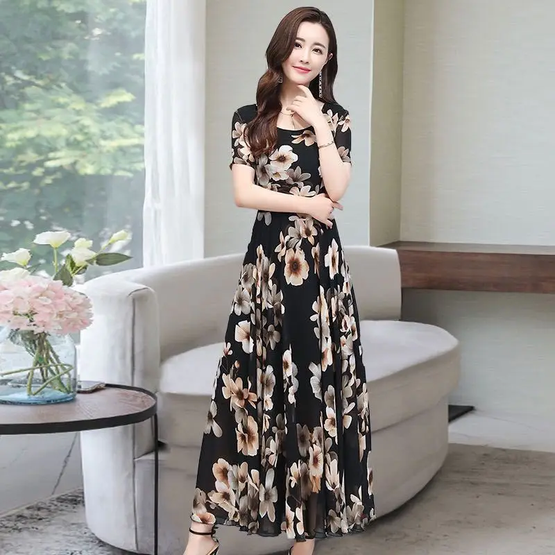 

New Women's Large Flower Dress Chiffon Maxi Dress Expandable Summer Woman Dress Vestido De Mujer Femme Robe