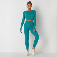 knitted solid color seamless long sleeved trousers yoga suit sports and fitness two piece suit women
