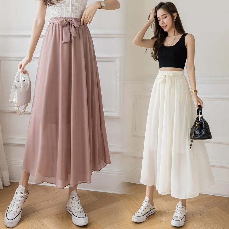 

Women Korean Fashion Lace-up Bow Wide Leg Skirts 2021 Sweet Summer Elastic High Waist Pleated Chiffon Bottoms Casual Loose Skirt