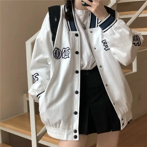 

Spring 2021 Preppy Style Women Coat Striped Collar Oversized Baseball Coats With Gothic Vintage Embroidered Jacket Mujer