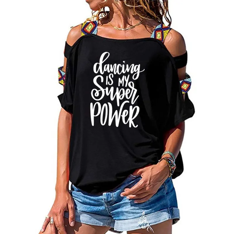 Camiseta con eslogan Dancing is My Super Power para mujer, camisetas de baile Tumblr, regalos para profesores de baile, camisetas sexys con hombros descubiertos