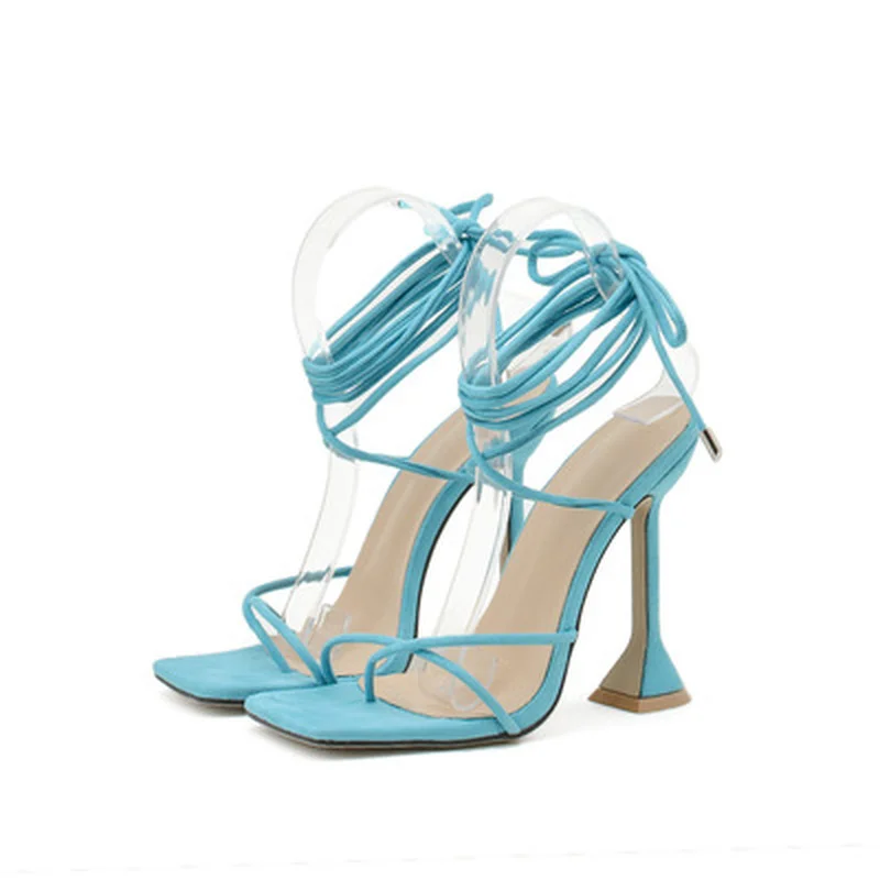 

New Summer Gladiator Ssandals Women High Heels Shoes Female Square Head Clip-On Strappy Sandals Women Pumps Blue Black