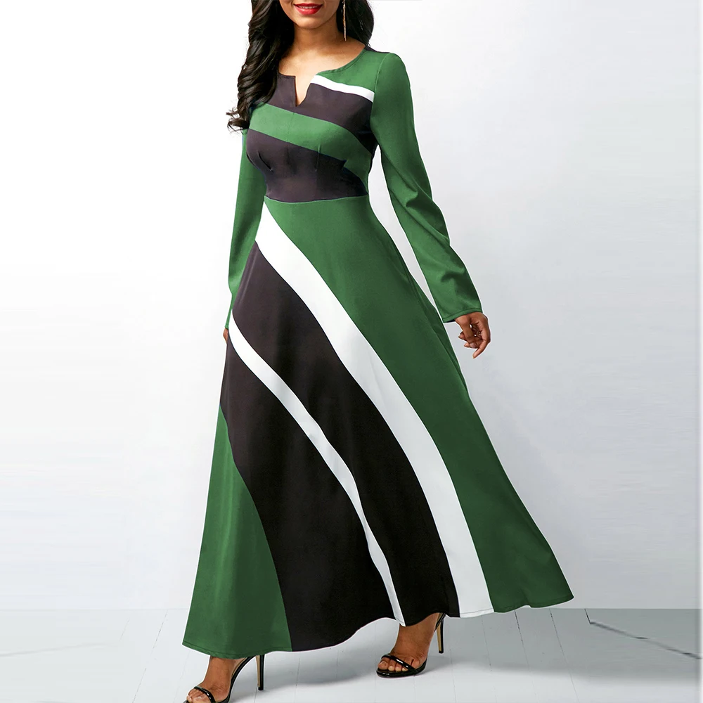 

Sexy V Neck Striped Ball Gown Maxi Dresses 2020 Summer Autumn Casual Plus Size Elegant Slim Long Party Dress Vestidos