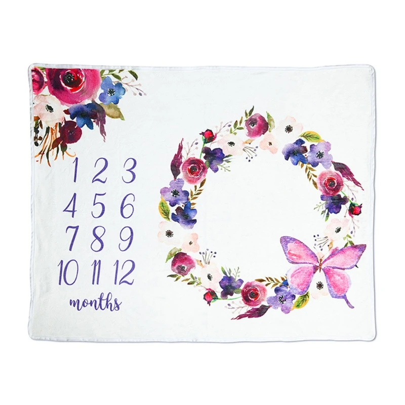 

Baby Monthly Record Growth Milestone Blanket Newborn Soft Flannel Floral Wreath Swaddle Wrap Photography Props Cloth