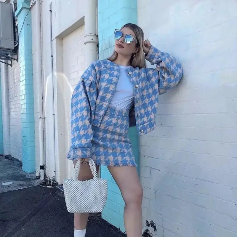 Женский элегантный шерстяной клетчатый комплект из двух предметов однобортный