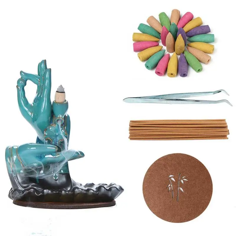 

Budddha Hand Backflow Incense Burner With 120pcs Cones Smoke Waterfall Incense Stick Holder Porcelain Censer Creative Home Decor