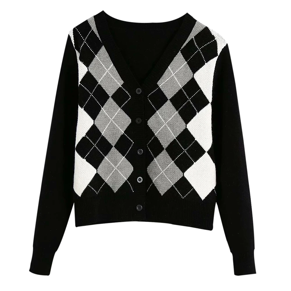 

New Fashion Women Cardigan Vintage Trendy Geometric Pattern Short Knitted Sweater Fashion Long Sleeve England Style Outerwear