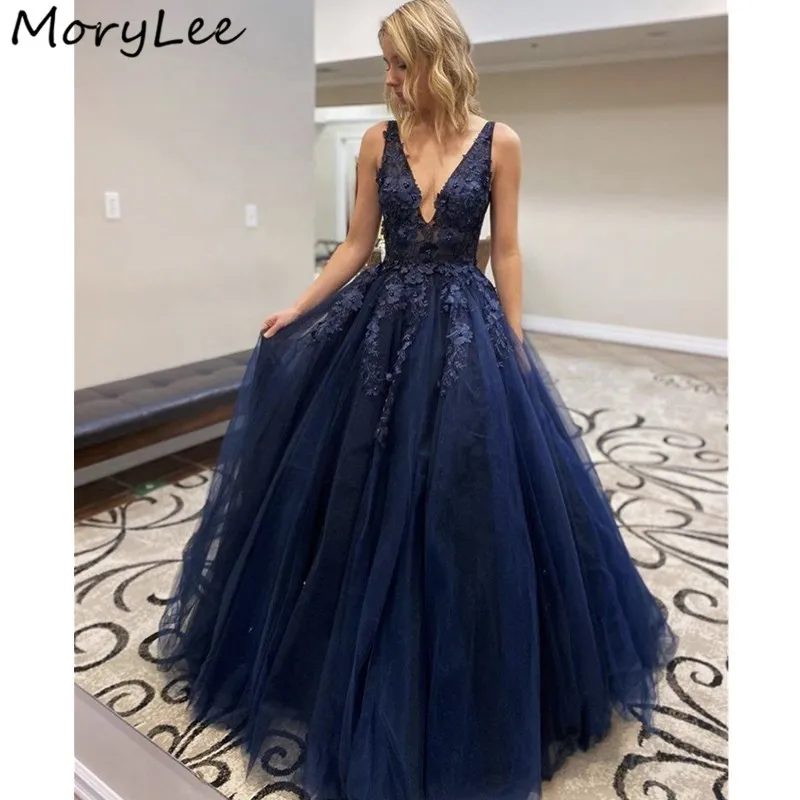 

Элегантные вечерние платья темно-синего цвета с V-образным вырезом, а-силуэт, со шлейфом, мягкие кружевные вечерние платья из тюля, Платья дл...