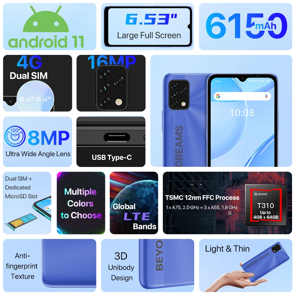 UMIDIGI смартфон с 5 5-дюймовым дисплеем тройной камерой 16 МП ОЗУ 4 Гб ПЗУ 32 ГБ 6 53 мАч -