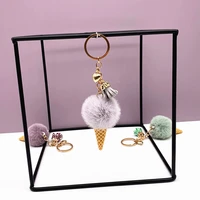 1pcs fur fluffy ice cream keychain soft plush ball pendant key chains for women handbag jewelry car decoration keyrings